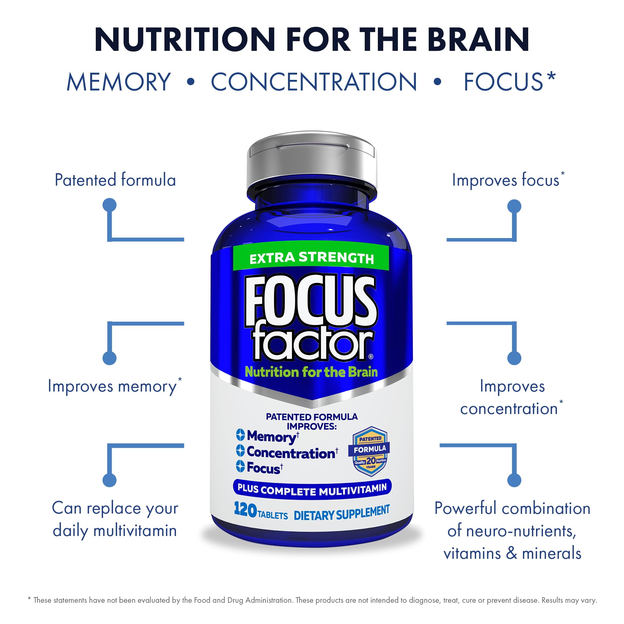 Focus Factor Adults Extra Strength, 120 Count - Brain Supplement for Memory, Concentration and Focus - Complete Multivitamin with DMAE, Vitamin D, DHA - Trusted Health Vitamins