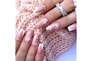 MUAGORN Snowflake Press On Nails Medium Coffin, 24Pcs Snowflake Fake Nails Elegant White French V-shaped Tips Nails Snowflake Designs Stick On Nails for New Years Nail Accessories (French Snowflake Coffin)