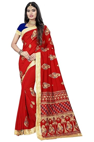 YASHIKA Fashion Womens Designed Red Color Embroider Work Saree With Blouse