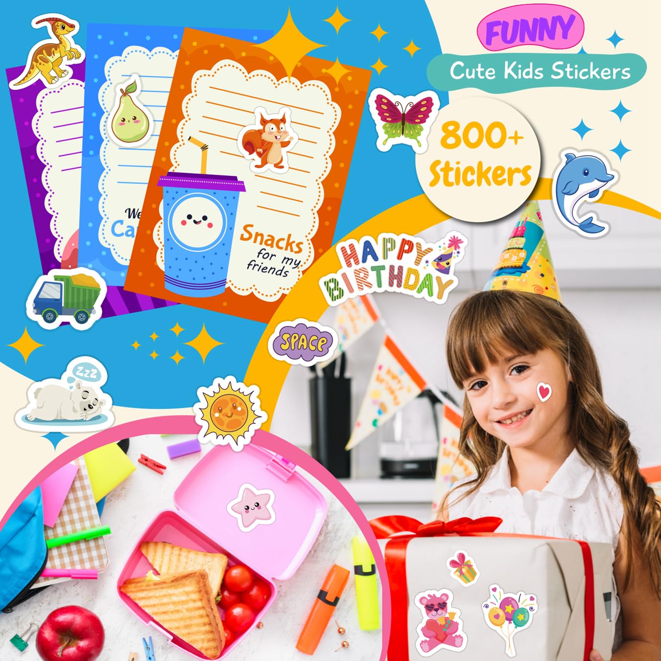 36 Sheets Stickers for Kids, 800+ Stickers for Scrapbooking Including Animals, Fruits, Dinosaurs, Hearts, Cats, Fish, Cars, Space and More, Party Favors for Kids