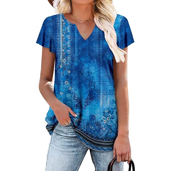 Women's Square Neck T-Shirt - Ruffle Sleeve, Loose Fit Tunic Top For Summer