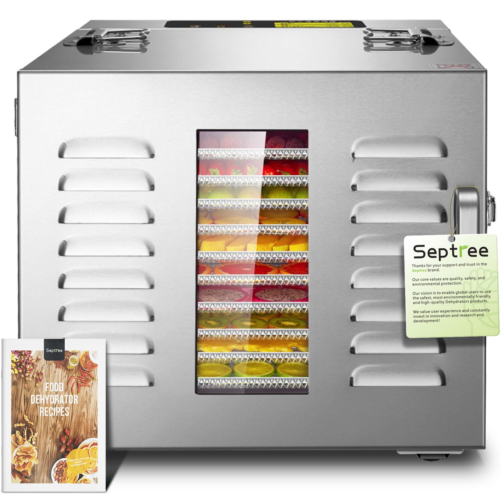 Septree Commercial 10 Trays food dehydrator machine for jerky and herbs, Usable Area up to 17ft² and 195℉ Temperature, 1000W Detachable Stainless Steel Dryer,for Meat, Fruit, mushrooms,beef,Pet Food