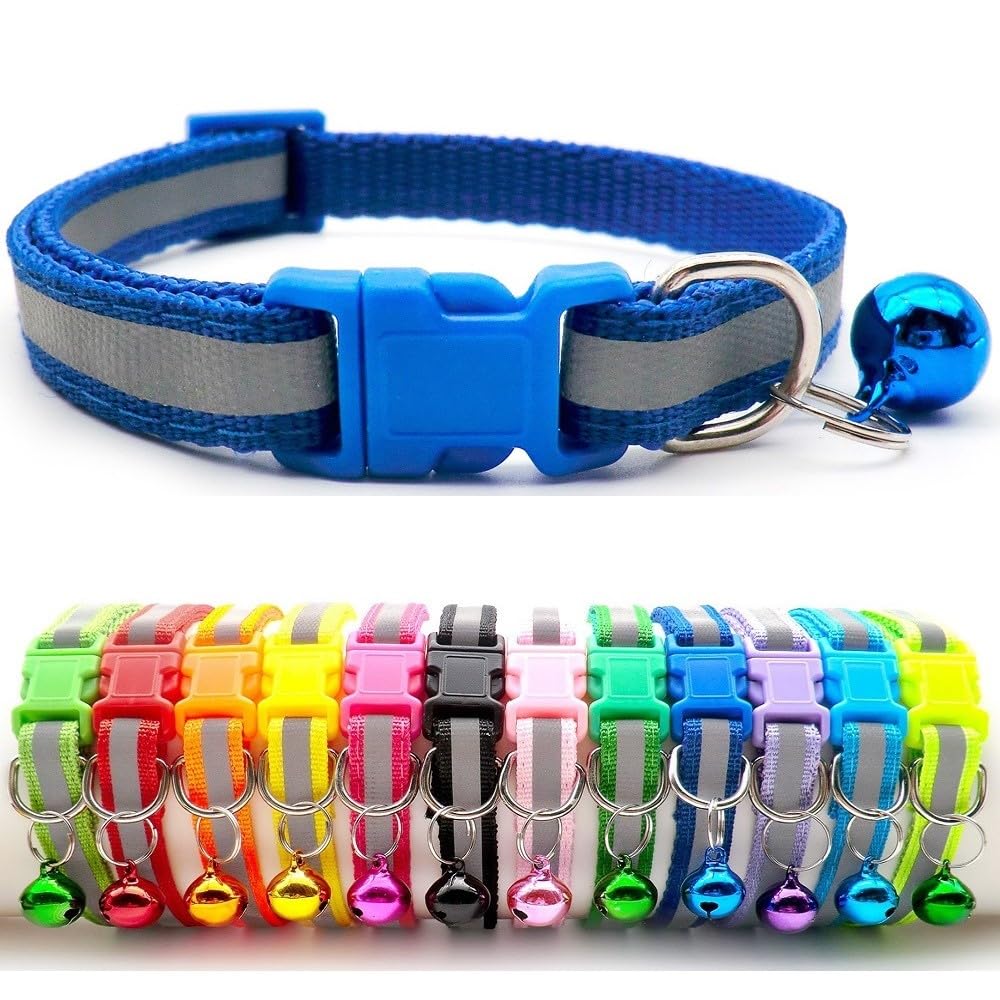 Small Dog Puppy Pet Collar Reflective Hi-Vis Strip with Bell Nylon Adjustable Size 19-32cm Blue