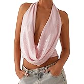 Women Sequin Halter Cowl Neck Top Sexy Sleeveless Open Back Deep V Neck Sparkly Glitter Crop Top