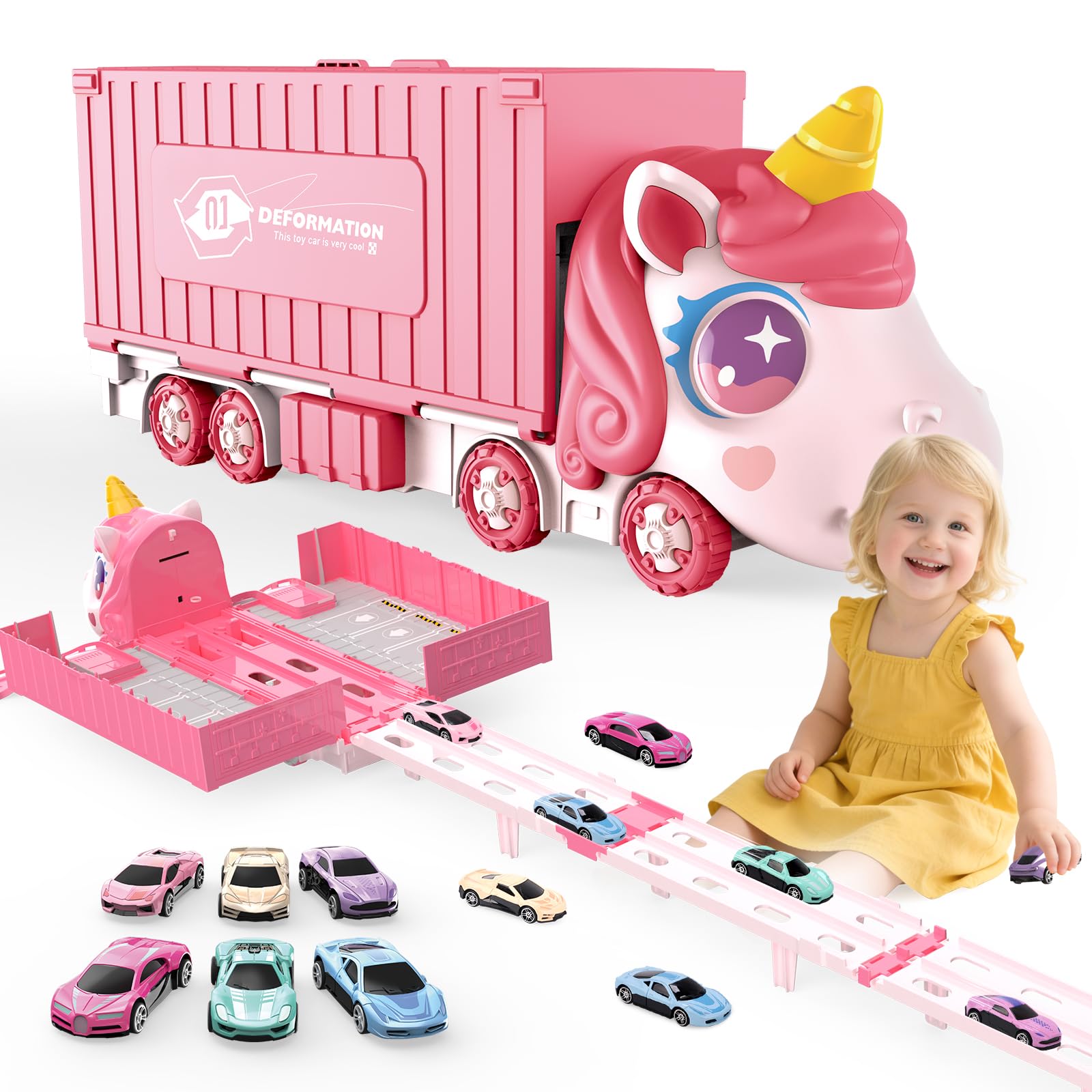 RUIDYA Unicorn Transport Truck Toys Cars for Girls, Foldable Carrier Truck Race Track Toddlers Toy with 6 Race Cars, Kids Toys Birthday Gifts for Age 3 4 5 6+ Years Old Boys Girls
