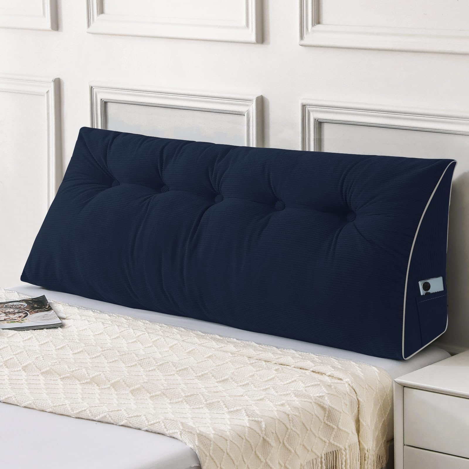 Photo 1 of Sasttie Headboard Pillow Queen, Wedge Pillow Headboard for Sitting Up in Bed, Back-Rest Support Triangular Cushion for Reading - Features Removable Washable Cover, Navy
