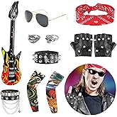 FASBET 11pcs Rockstar Costume 70s 80s 90s Rocker Costumes for Men and Women Motorcycle Biker Halloween Costume Punk Accessories Rock Star Costumes Guitar Rock and Roll Costume