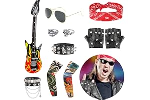 FASBET 11pcs Rockstar Costume 70s 80s 90s Rocker Costumes for Men and Women Motorcycle Biker Halloween Costume Punk Accessories Rock Star Costumes Guitar Rock and Roll Costume