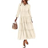 MASCOMODA Fall Long Sleeve Maxi Dresses for Women 2025 Casual Boho Button Ruffle Neck Tiered A Line Flowy Wedding Guest Dress