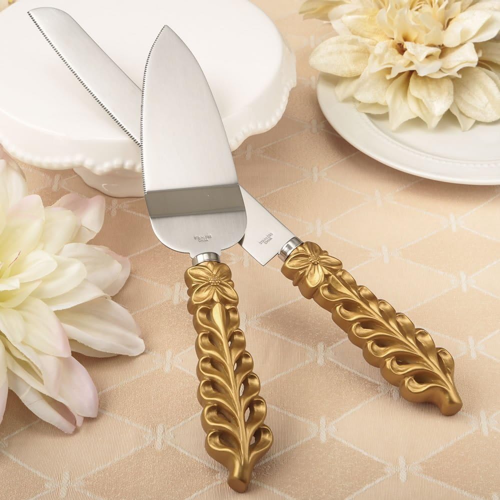 Beepels Cake Server Set- Knife and Cake Server Set- Colour- Premium Quality Stainless Steel- Floral Giftbox Included- Ideal for Weddings, Birthdays, Anniversaries (Gold Lattice)