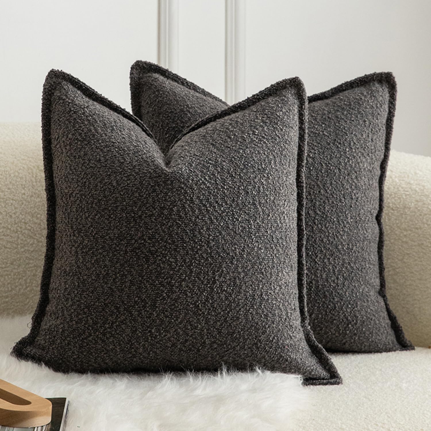 Mandioo Pack of 2 Cushion Covers 65cm x 65cm Decorative Accent Solid Woven Textured Throw Pillow Covers cases Bedroom Living Room Couch Sofa Home 26 x 26 Inch Dark gray