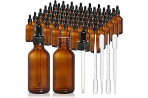 Turvono 48 Pack 2oz Amber Glass Dropper Bottles, 60ml Leakproof Eye Dropper Bottles with Glass Droppers for Essential Oils, T