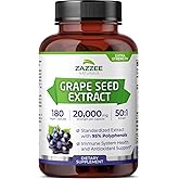 Zazzee High Strength Grape Seed 50:1 Extract, 180 Capsules, 95% Polyphenols | Vegan, 400 mg per Capsule, 6 Month Supply, Antioxidant, Circulation &amp; Blood Flow Support, Non-GMO, Made in the USA