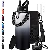BENZZO 40 oz Water Bottle with Straw - Insulated Water Flask with Straw & Auto Spout Lid, Paracord Handle & Carrying Case, Keep Cold 48H Hot 24H Metal Water Hydro for Hiking Running