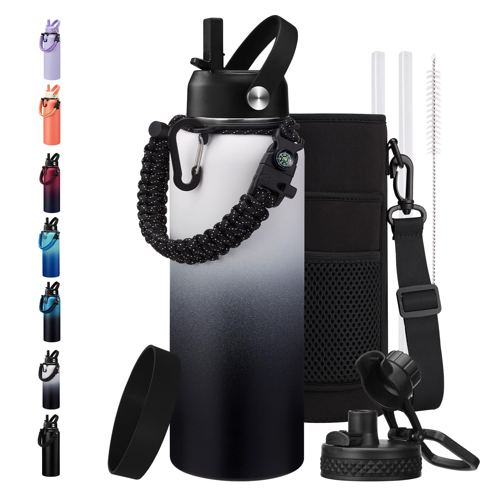 Photo 1 of 40 oz Water Bottle with Straw - Insulated Water Flask with Straw & Auto Spout Lid, Paracord Handle & Carrying Case, Keep Cold 48H Hot 24H Metal Water Hydro for Hiking Running