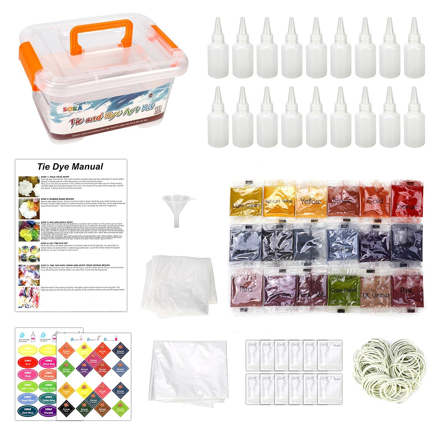 SOKA Tie Dye Party Kit - 18 Vibrant Colours Permanent Non-Toxic Fabric Complete Art Set for Creative Homemade DIY Craft Party Activities Games for Girls Children Kids Family