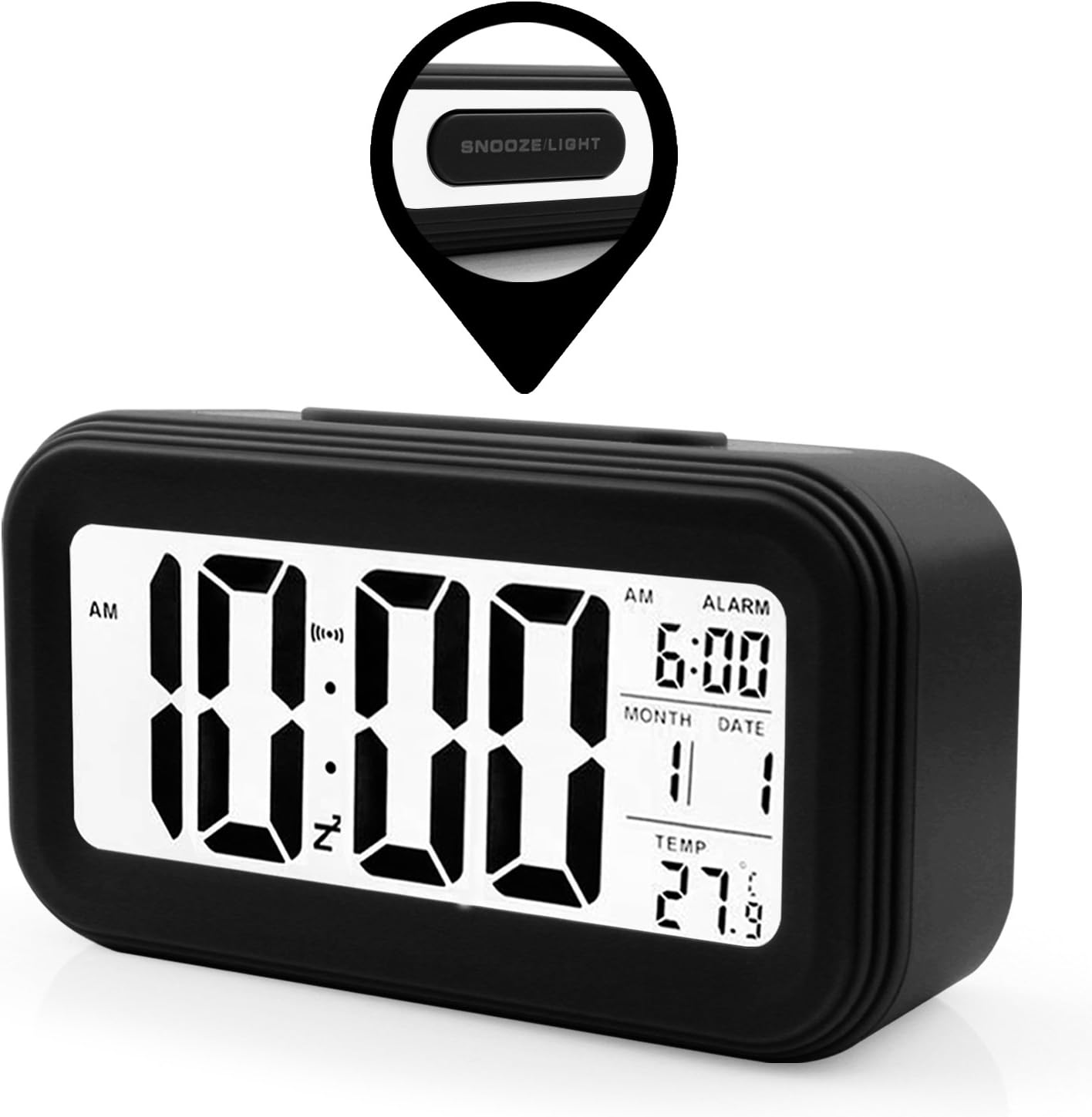 Battery Operated Digital Alarm Clock With Extra Large Display, Snooze, Date display, Temperature and Smart light (Black)
