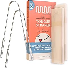MasterMedi Tongue Scraper with Case (2 Pack), Medical Grade 100% Stainless Steel Tongue Scrubber for Bad Breath Treatment, Ea