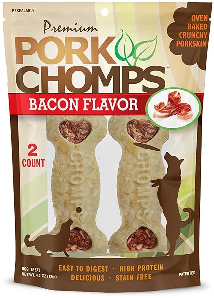 PORK CHOMPS DOG CHEWS, 4-INCH CRUNCHY BONES, BACON FLAVOR, 2 COUNT