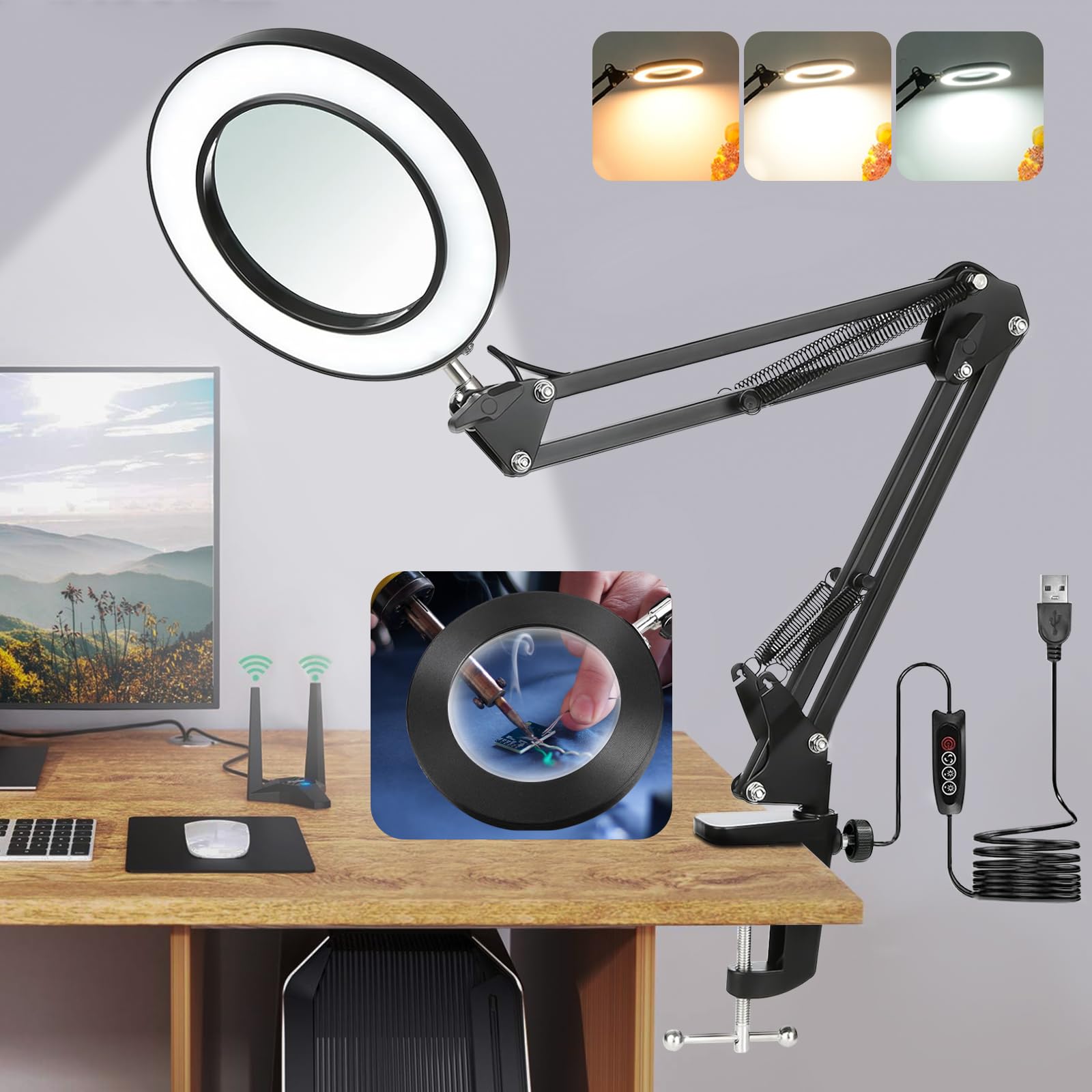 comeder 10X Magnifying Glass with Light & Stand - Adjustable Arm, 3 Colour Modes, Dimmable LED, Hands-Free Clamp for Reading, Crafts, Sewing & Hobbies