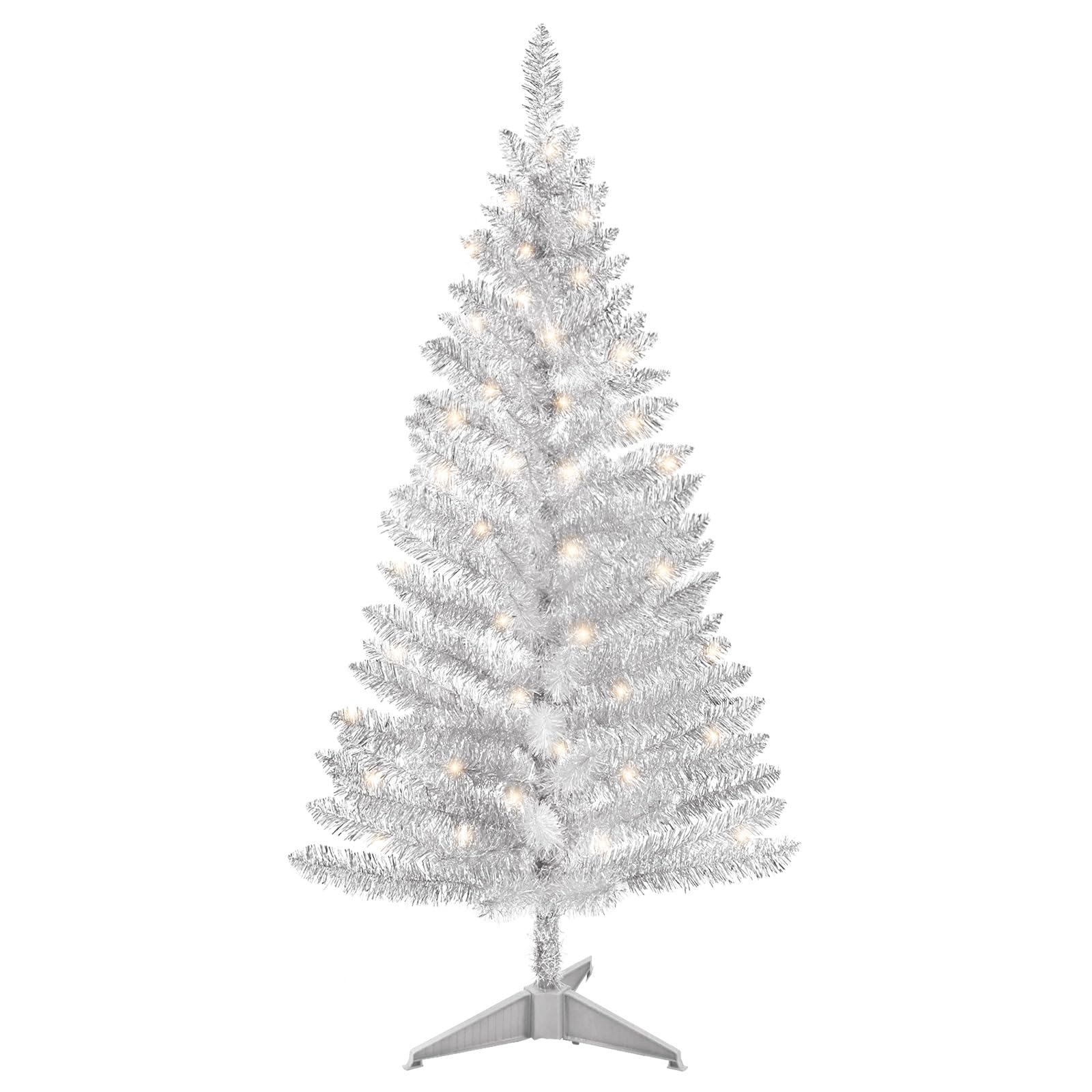 Photo 1 of 4ft Lighted Artificial Silvery Christmas Tree, Not Pre-lit Silvery Tinsel Pine Trees with Lights, Ideal for Ideal for Home, Office, and Xmas Party Décor - Includes Stand