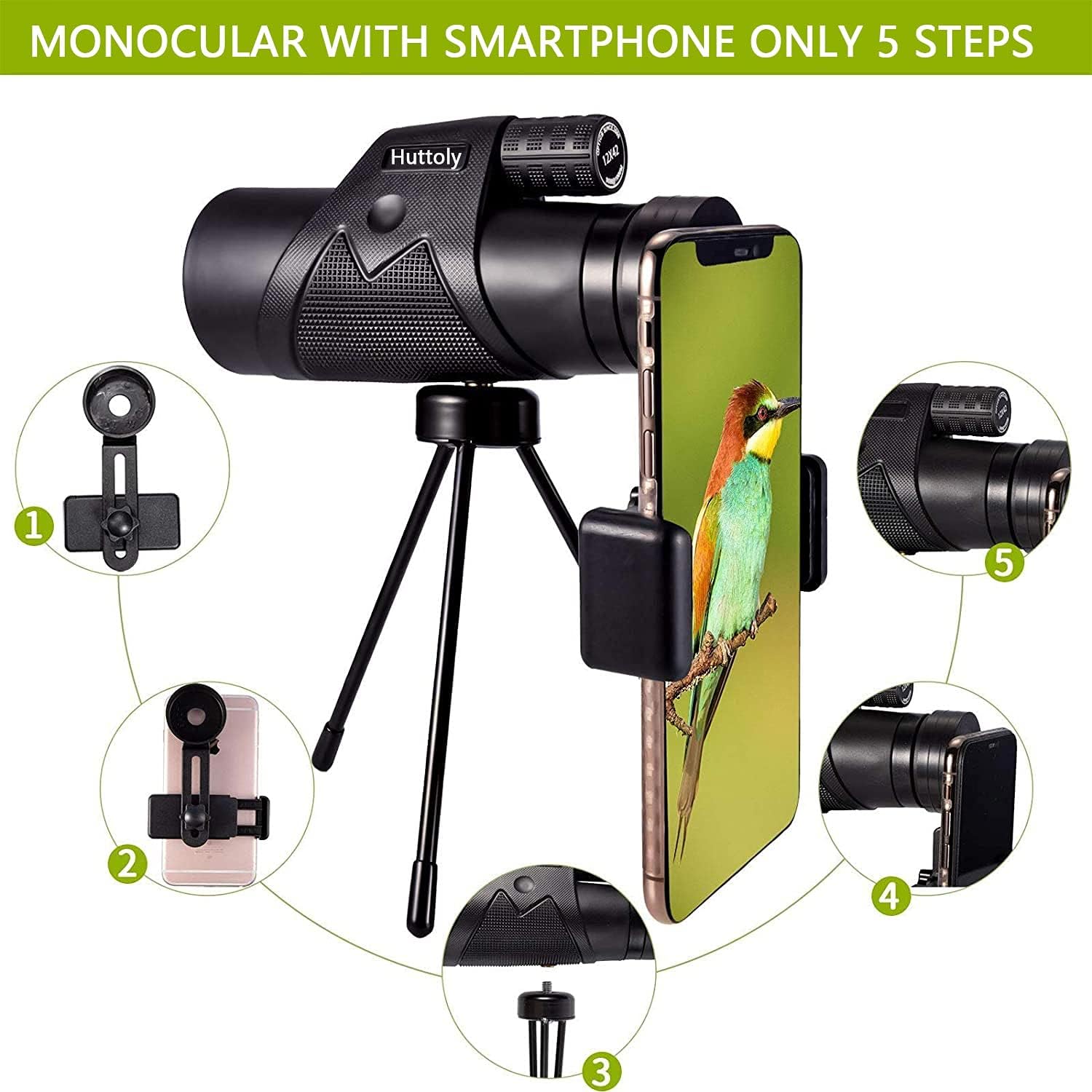 Monocular 12X42 Monocular Telesacope, HD Stars Monocular with Smartphone Holder and Tripod, Zoom Low Night Vision Monoculars for Adults Bird Watching Hiking Hunting Traveling : Camera & Photo