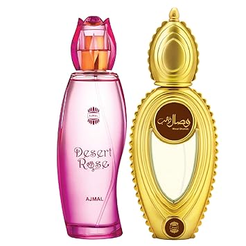 Ajmal Desert Rose EDP Floral Oriental Perfume 100ml for Women and Wisal Dhahab EDP Fruity Floral Perfume 50ml for Men + 2 Parfum Testers FREE