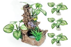 Vtapliea Betta Fish Tank Cave Decorations with 3PCS Small Artificial Silk Plants Aquarium Decorations Plastic Plants Ornaments Accessories