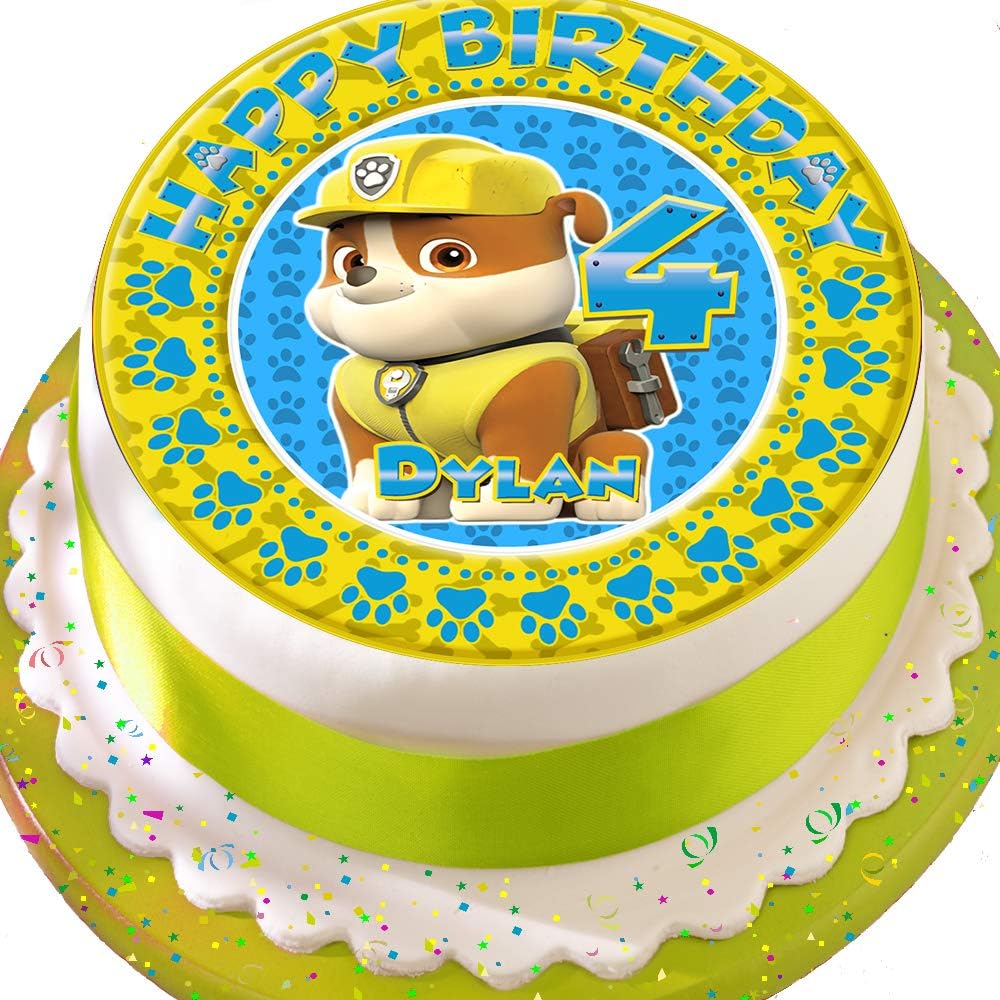 Rubble PAW Patrol Personalised PRECUT 7.5 INCH Cake Topper Edible Decoration Icing Sheet