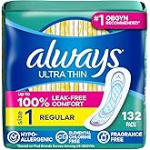Always Ultra Thin Feminine Pads Without Wings for Women, Size 1, Regular Absorbency, Unscented, Up to 100% Leak-Free Protection, 44 Count x 3, 132 Count Total