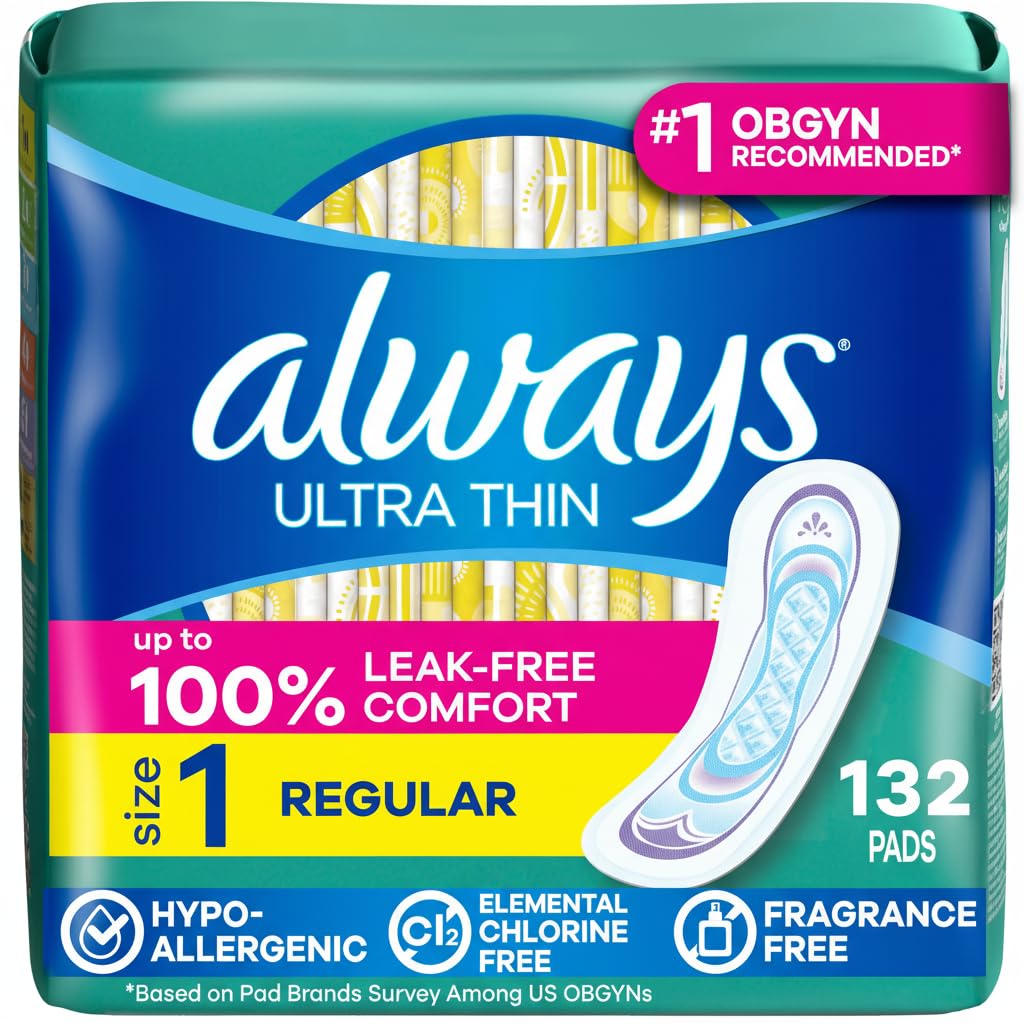 Always Ultra Thin Feminine Pads Without Wings for Women, Size 1, Regular Absorbency, Unscented, Up to 100% Leak-Free Protection, 44 Count x 3, 132 Count Total