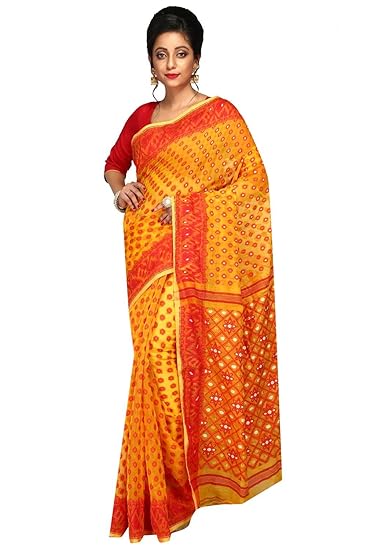 Buy Ar Shop Women S Cotton Silk Handloom Dhakai Jamdani Saree Yellow Red At Amazon In