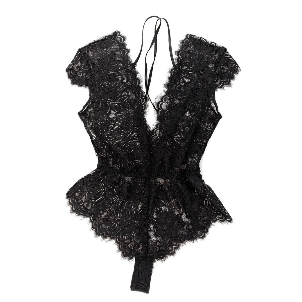 Premewish Women Sexy Lingerie Black Deep V Lace Sexy Lingerie Teddy Plunging Eyelash And Snaps Crotch(M)