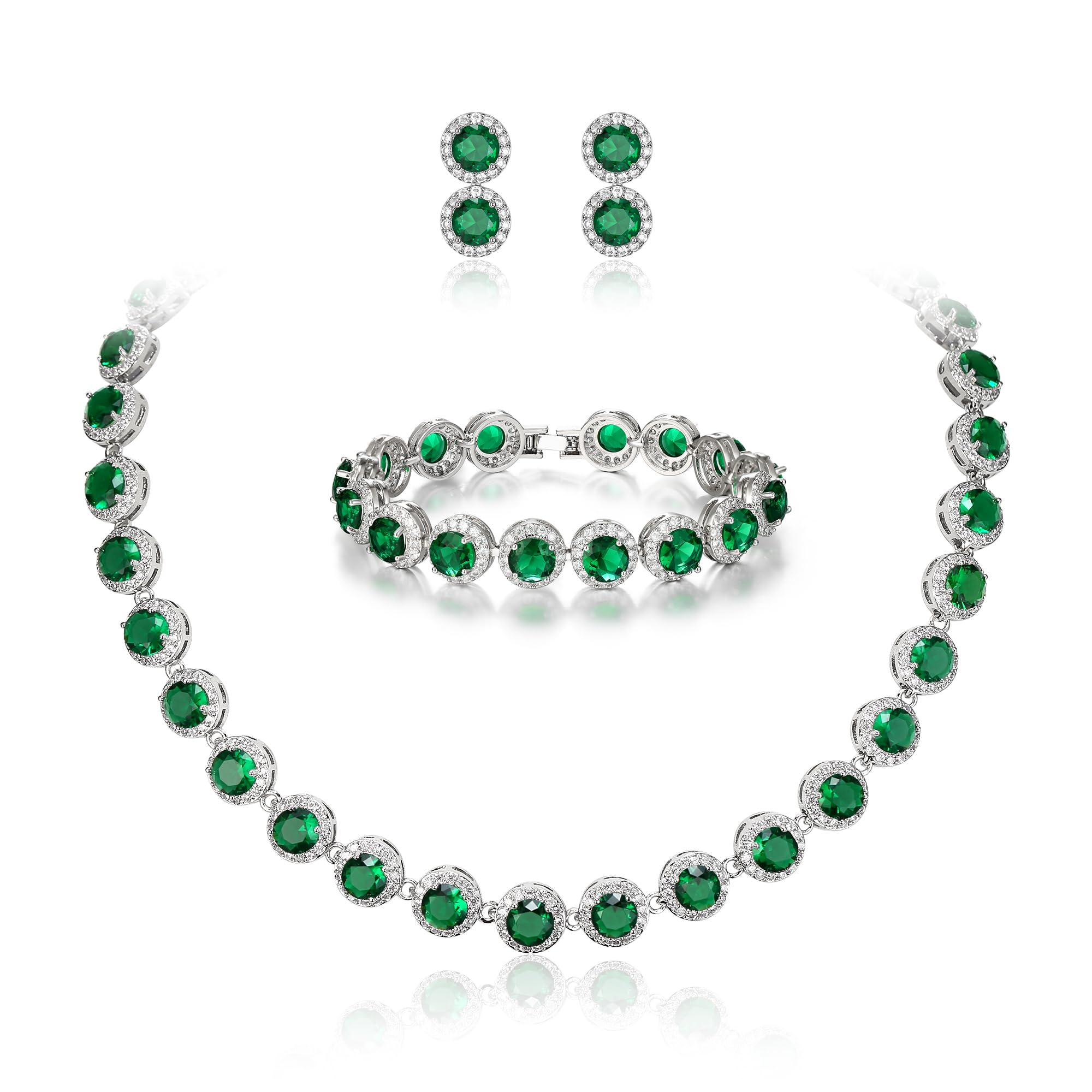 Ever Faith Women's Round Cut Cubic Zirconia Tennis Necklace Bracelet Earrings Set Emerald Green