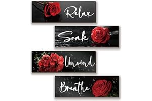 ZINYAZHE 4 Pieces Red Rose Bathroom Wall Decors Flower Restroom Red Decor Relax Soak Unwind Breathe Red Wall Art Farmhouse Red Bathroom Decor Sign for Bedroom Living Room Home Decoration(Red Rose 12x4 Inch)