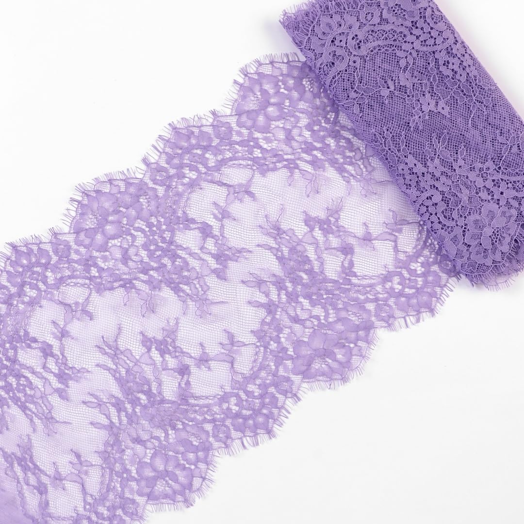 Photo 1 of 9 Inch Wide by 3 Yard Lace Ribbon Trim Floral Pattern Embroidered French Eyelash Colored Lace Fabric Material for Clothes Bridal Wedding Dress Sewing Home Decoration,Light Purple
