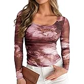 Pink Queen Mesh Top for Women Long Sleeve See Through Shirt Scoop Neck Sheer Blouse