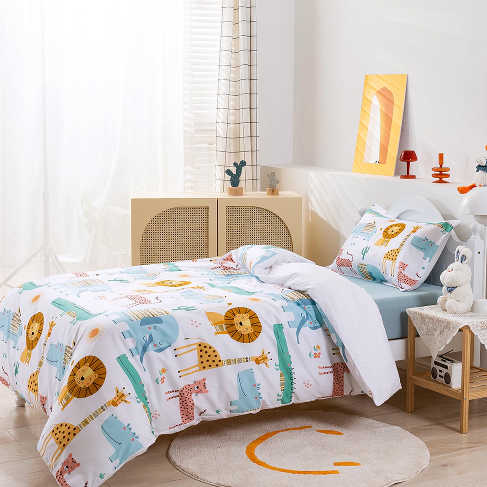 BESTDESIL Animal Cartoon Kids Duvet Cover Set Twin Size, 3 Piece Soft Lion Printed Microfiber Comforter Cover with Pillow Sham Zipper Closure, Comforter Not Included,Twin