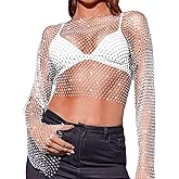 CYCLAMEN Women's Rhinestone Body Chains Long Sleeve Crop Tops Crystal See Through Mesh Diamond Fishnet Shirts Outfits