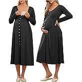 OUGES Cotton Blend Maternity Pajamas Nightgown Button Down Nursing Gown Labor Delivery Breastfeeding Dress with Pockets
