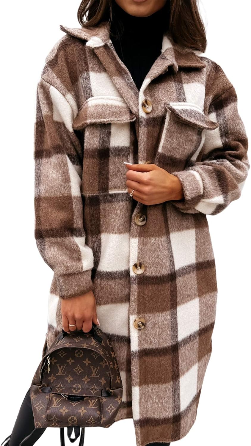 Frobukio Womens Casual Plaid Wool Blend Overcoat Button Down Long