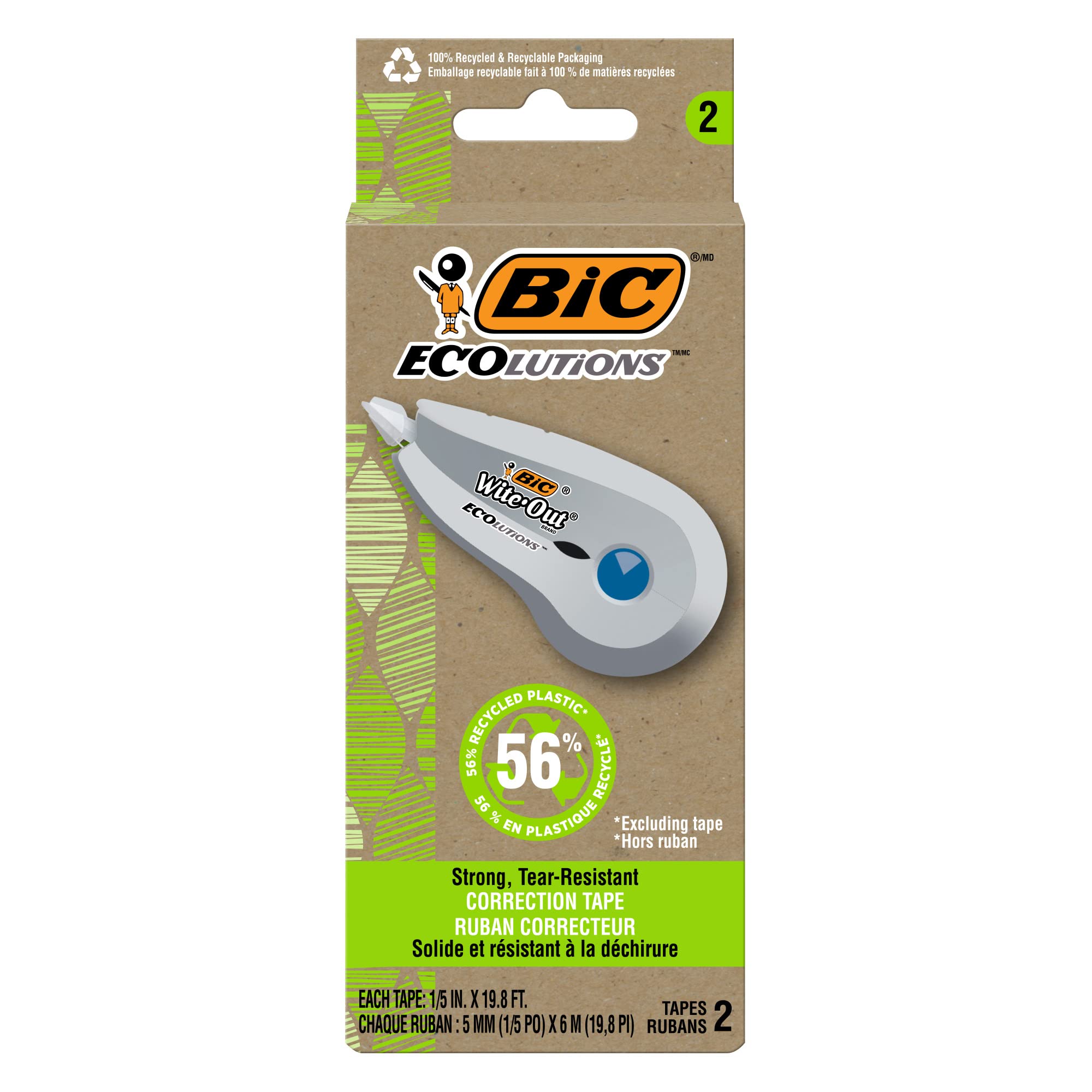 Photo 1 of BIC Ecolutions Wite-Out Brand Correction Tape, 19.8 Feet, 2-Count Pack, Correction Tape Made from 56% Recycled Plastic