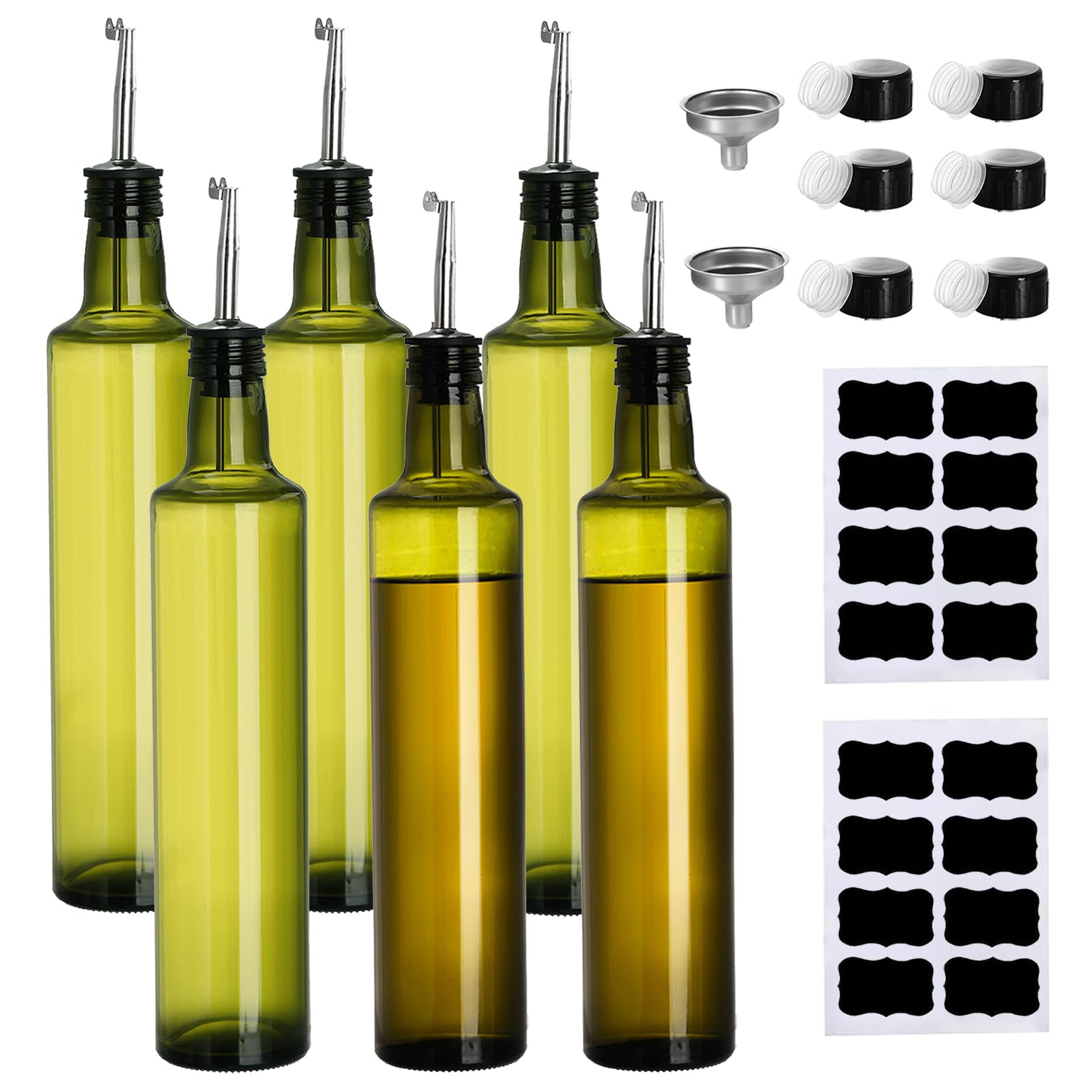 Frcctre Set Da 6 Bottiglie In Vetro Per Olio E Aceto 500 Ml - Verde Scuro Con Beccuccio Antigoccia In Acciaio Inox - Dispenser Da Cucina