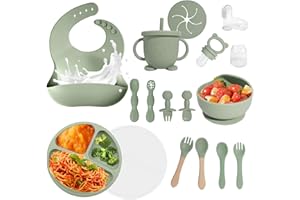 CATVEGUE Baby Led Weaning Supplies, 17 Piece BPA-Free Silicone Feeding Set, Eating Essentials Baby Utensils with Suction Plate and Bowl, Pocket Bib, Sippy Cup with Lid, for 6+ Months, Green