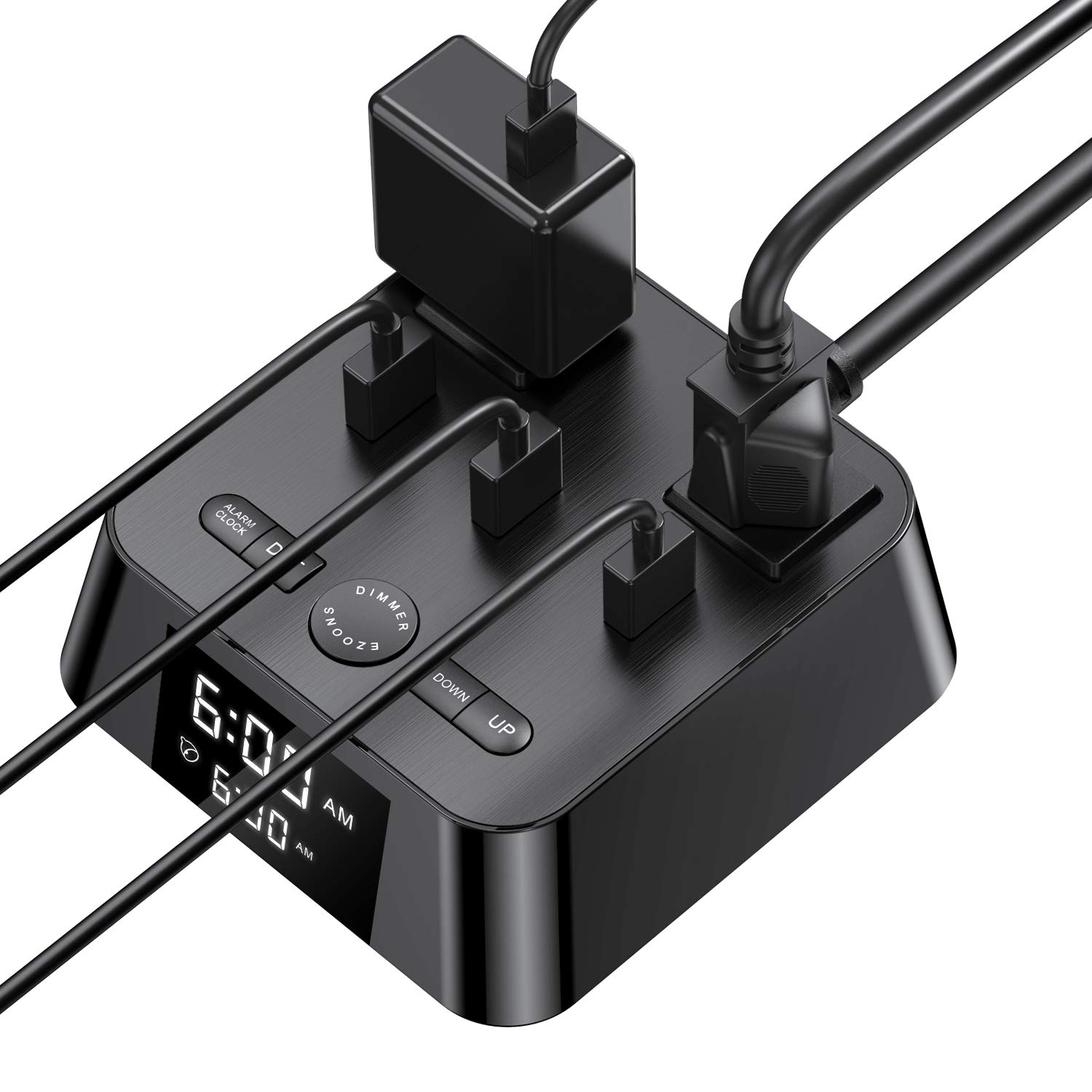 Yostyle Alarm Clock Charger w/3 USB Ports & 2 AC Outlets, 6ft Power Cord Charging Station Power Strip for Hotel Home Office,UL Tested (4 Dimmer Brightness,Snooze,ON/Off Switch,DST Time,Battery Backup)