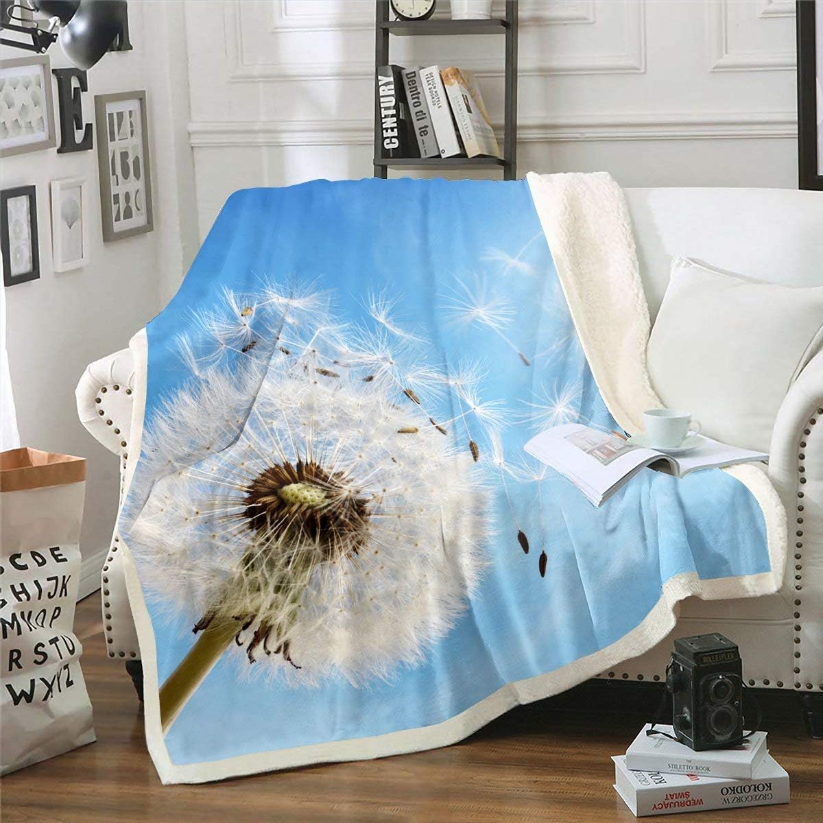 Erosebridal Dandelion Blanket Throw, Flying Seeds Floral Botanical Free Theme Natural Landscape Fleece Blanket, Decorative Sofa Sherpa Blanket Ultra Soft, Queen 90"x90", White Blue