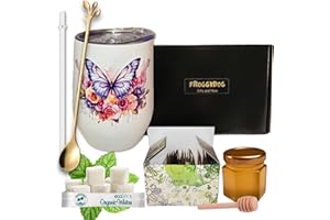 FROGGYDOG Tea Gift Set for Women – Insulated Floral Tumbler with Lid, 18 Tea Sachets, Honey Jar, Organic Sugar Sticks, Gold Spoon & Reusable Straw – Relaxation & Self Care Gift Box