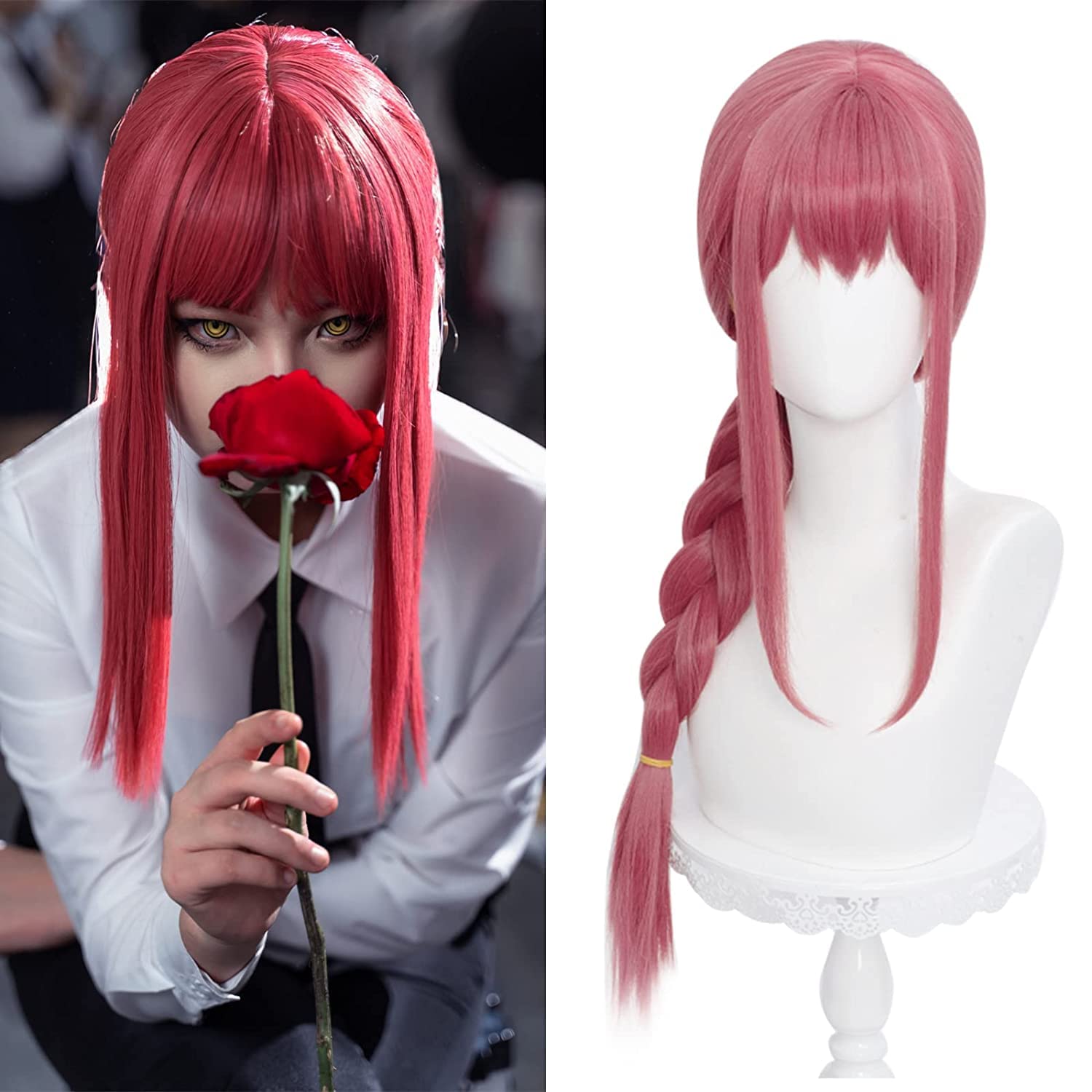 Photo 1 of LABEAUTÉ Long Pink Braids Wig for Girls Women Cosplay Anime Braided Wig with Bangs for Csm Halloween Party Hair Wig + Cap