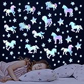 Glow in The Dark Unicorns Wall Decals Unicorns Stars Wall Stickers Decor for Baby Girls Bedroom Blue Luminous Glow Stars Ceiling Stickers for Baby, Birthday Present for Baby Boys