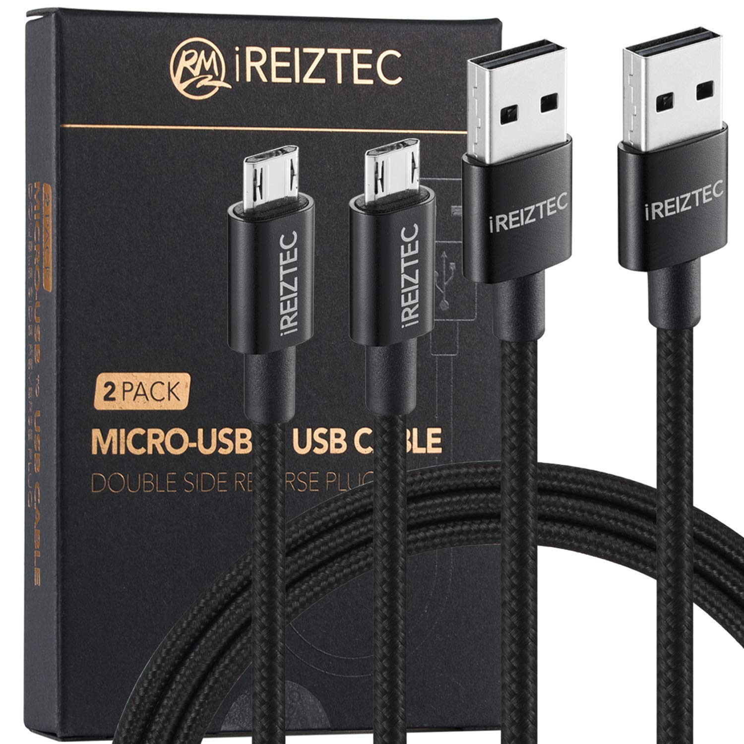 REVERSIBLE Micro USB cable 3.3ft 2-Pack，iREIZTEC Nylon Braided Tangle-Free Durable High Speed Sync + 3.0 Amps Fast Charging Cable for Android, Samsung S8/9 plus N8, HTC, Nokia, Sony and More (Black)